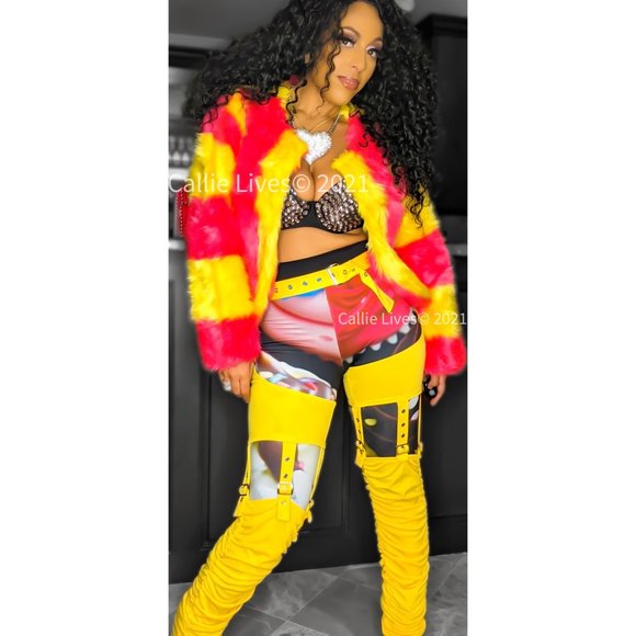 Callie Lives Stasia Striped: Pink & Yellow Faux Fur Blazer Medium - Picture 9 of 15